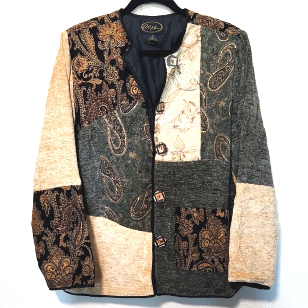 Vintage Alex Kim Artsy Patchwork Brocade Paisley Jacket Size Medium